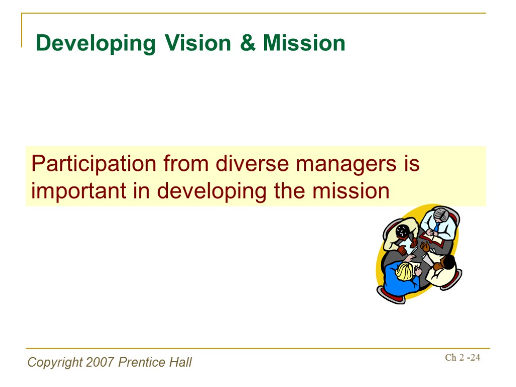 Copyright 2007 Prentice Hall Ch 2 -24 Developing Vision & Mission Participation from diverse